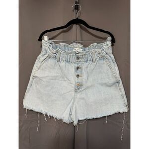 Zara High Waisted Denim Shorts Women 10 Paperbag Waist Button Fly Frayed